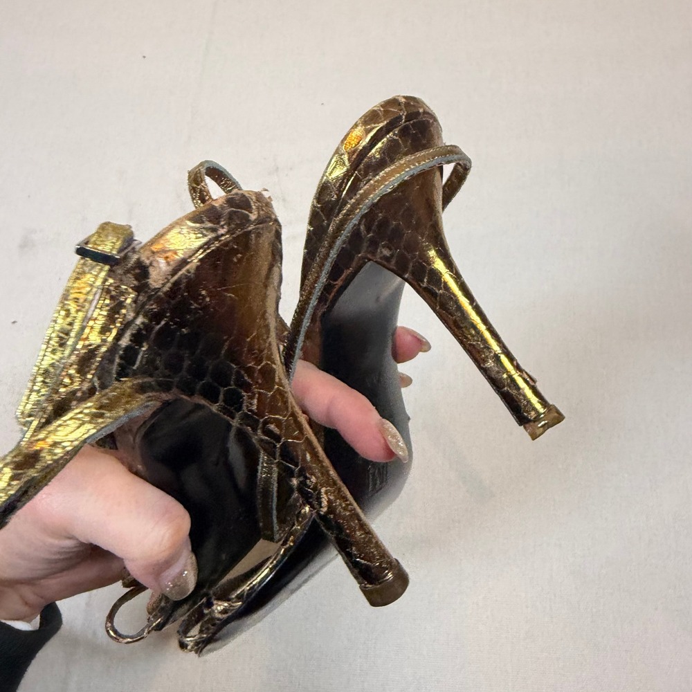 Bruno Magli Gold Metallic Snake Print Stiletto Strappy Heels Sandals - Size 7 - Picture 5 of 8